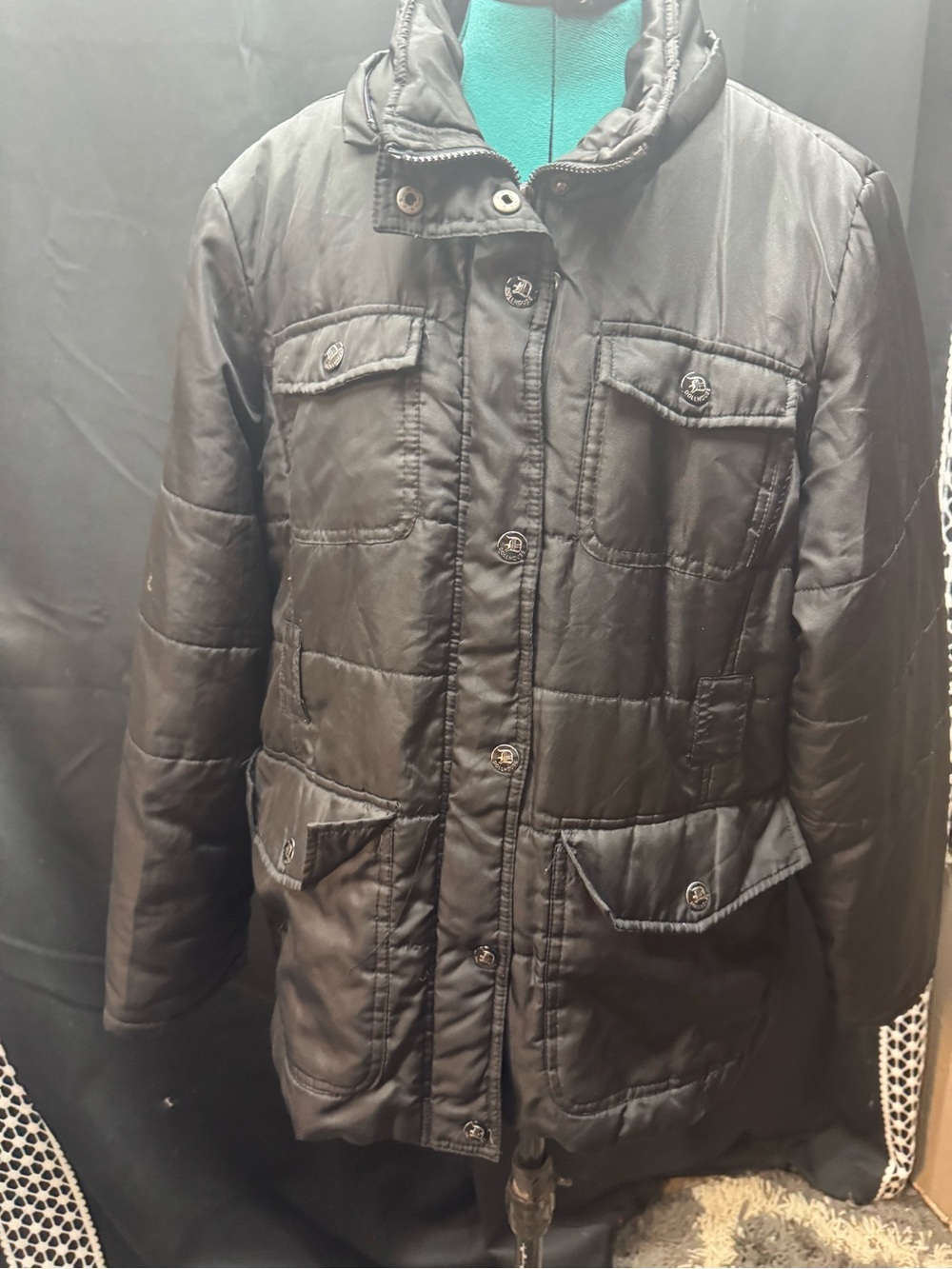 Dollhouse Black Quilted Puffer Jacket with Button-Flap Pockets and High Collar